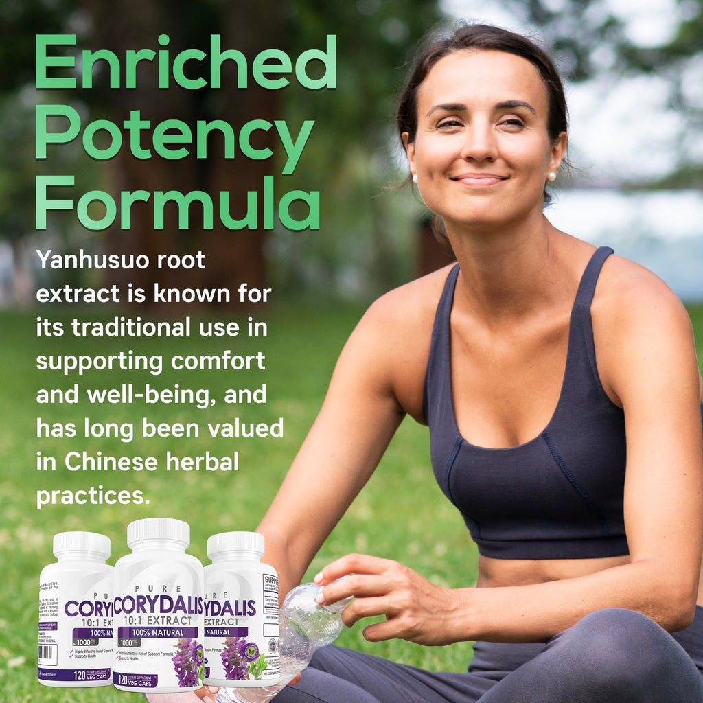 Pure Corydalis Root Extract Capsule - 1000mg Strength, 10:1 Corydalis Yanhusuo Extract, Natural Relief, Long Lasting, 100% Vegetarian, 60 Servings, 120 Count - TrustMedUSA