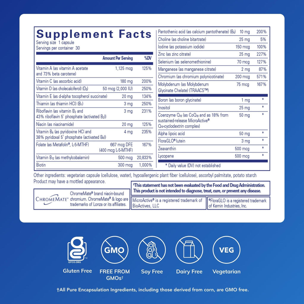 Pure Encapsulations O.N.E. Multivitamin - Once Daily Multivitamin with Antioxidant Complex Metafolin, CoQ10, and Lutein to Support Vision, Cognitive Function, and Cellular Health* - 30 Capsules - Maple Wellness Supplements