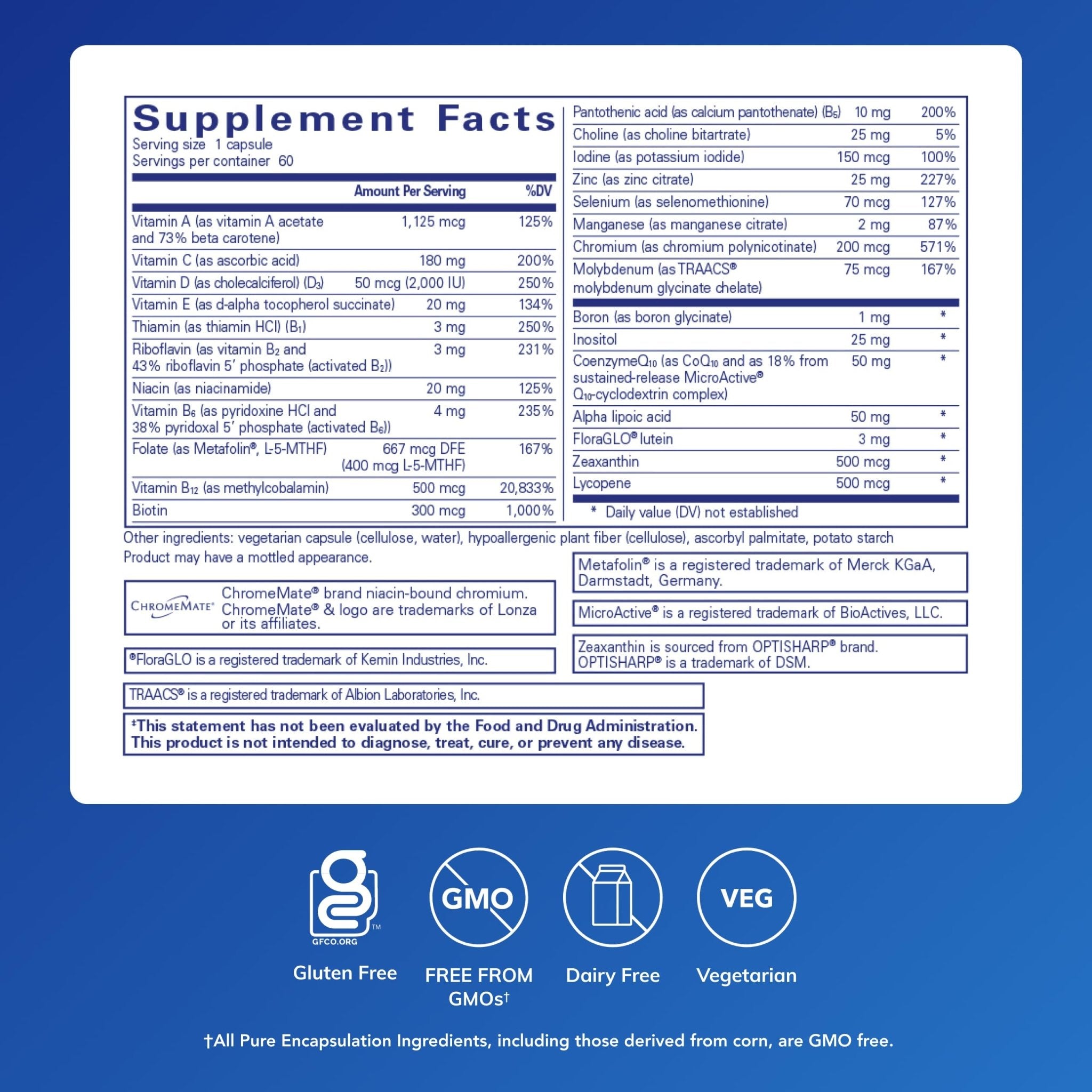 Pure Encapsulations O.N.E. Multivitamin - Once Daily Multivitamin with Antioxidant Complex Metafolin, CoQ10, and Lutein to Support Vision, Cognitive Function, and Cellular Health* - 60 Capsules - TrustMedUSA