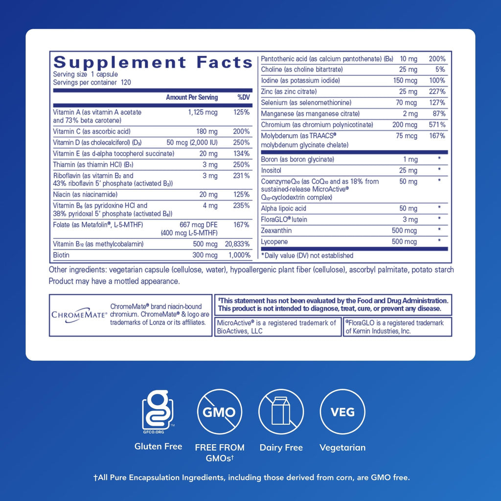 Pure Encapsulations O.N.E. Multivitamin - Once Daily Multivitamin with Antioxidant Complex Metafolin, CoQ10, and Lutein to Support Vision, Cognitive Function, and Cellular Health* - 120 Capsules - TrustMedUSA