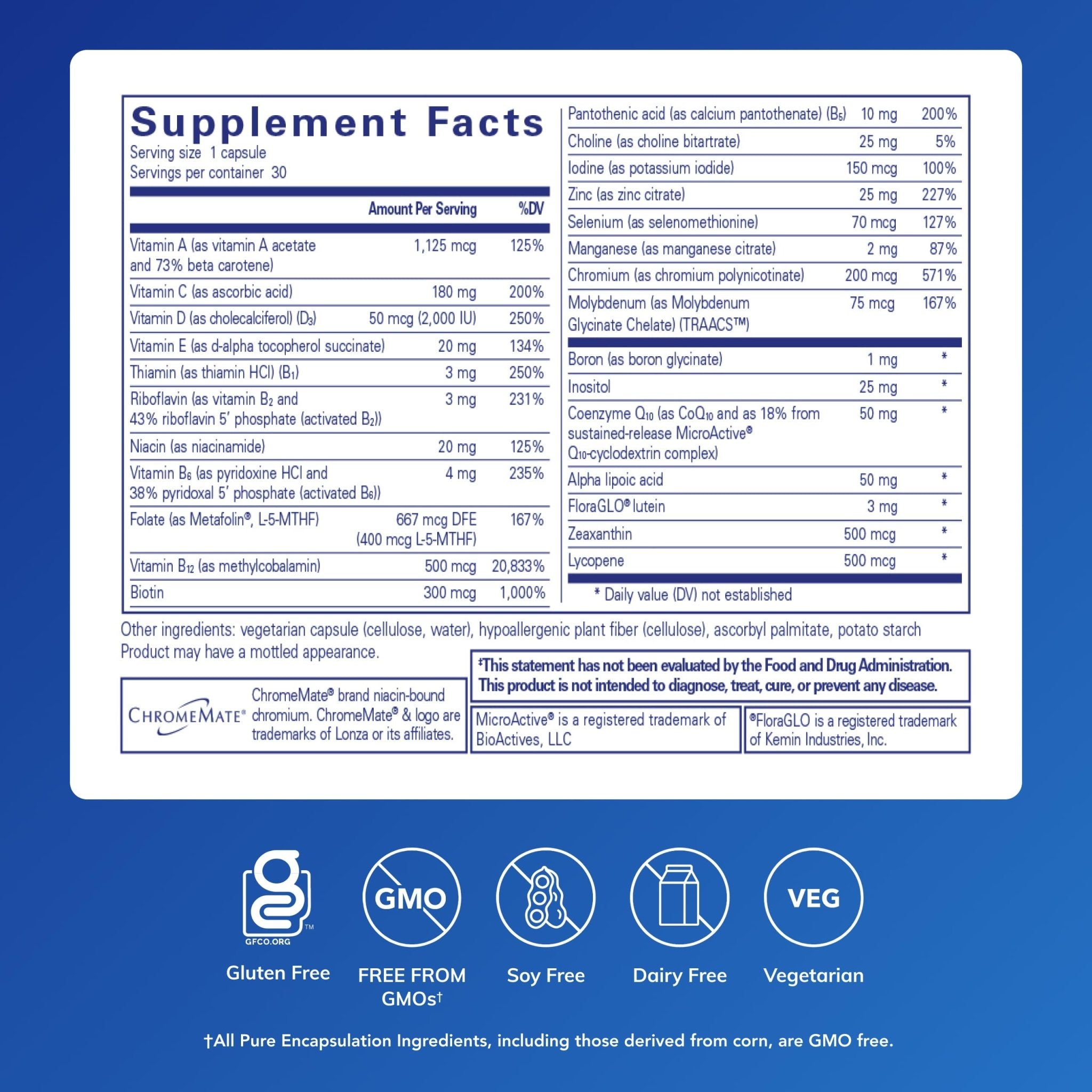 Pure Encapsulations O.N.E. Multivitamin - Once Daily Multivitamin with Antioxidant Complex Metafolin, CoQ10, and Lutein to Support Vision, Cognitive Function, and Cellular Health* - 30 Capsules - TrustMedUSA