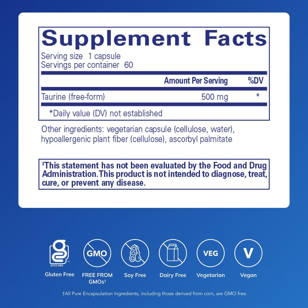 Pure Encapsulations Taurine 500 mg | Amino Acid Supplement for Liver, Eye Health, Antioxidants, Heart, Brain, and Muscles* | 60 Capsules - Maple Wellness Supplements