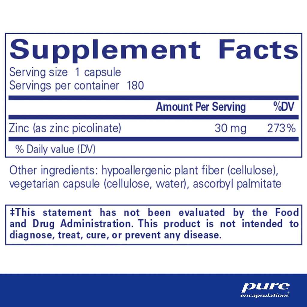 Pure Encapsulations Zinc 30 mg - Highly Absorbable - 180 Capsules - TrustMedUSA