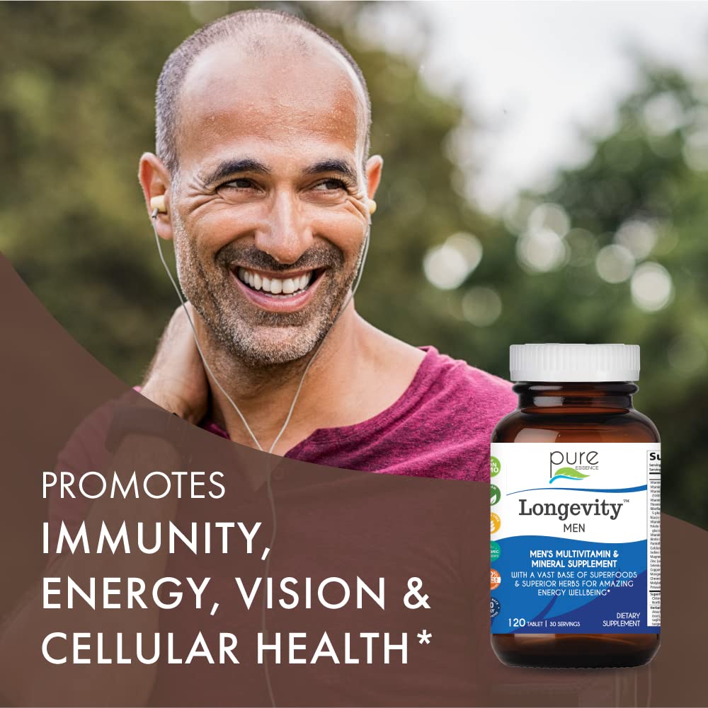 PURE ESSENCE LABS Longevity Multivitamin for Men Over 40 - Super Energetic with Superfoods, Minerals, Enzymes, Vitamin D3, B12, Biotin - 120 Tablets - TrustMedUSA