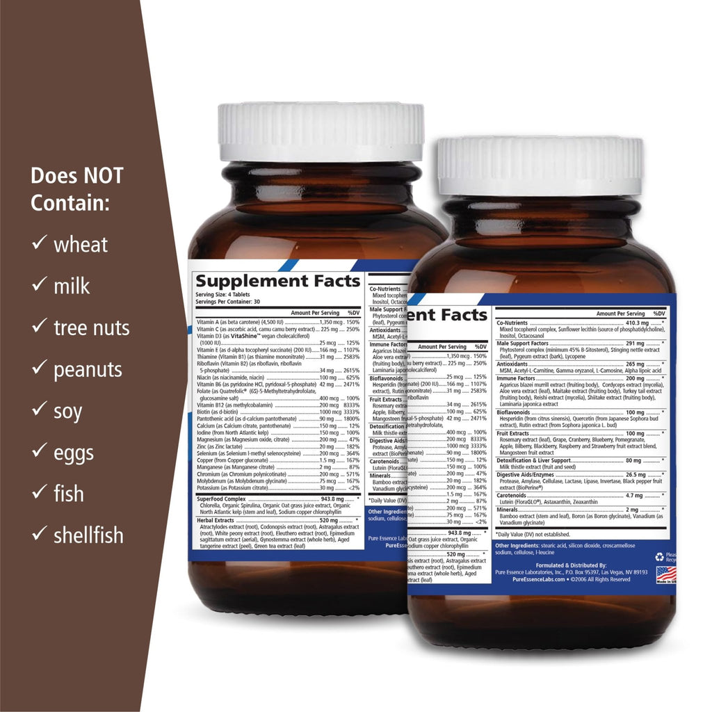 PURE ESSENCE LABS Longevity Multivitamin for Men Over 40 - Super Energetic with Superfoods, Minerals, Enzymes, Vitamin D3, B12, Biotin - 120 Tablets - TrustMedUSA