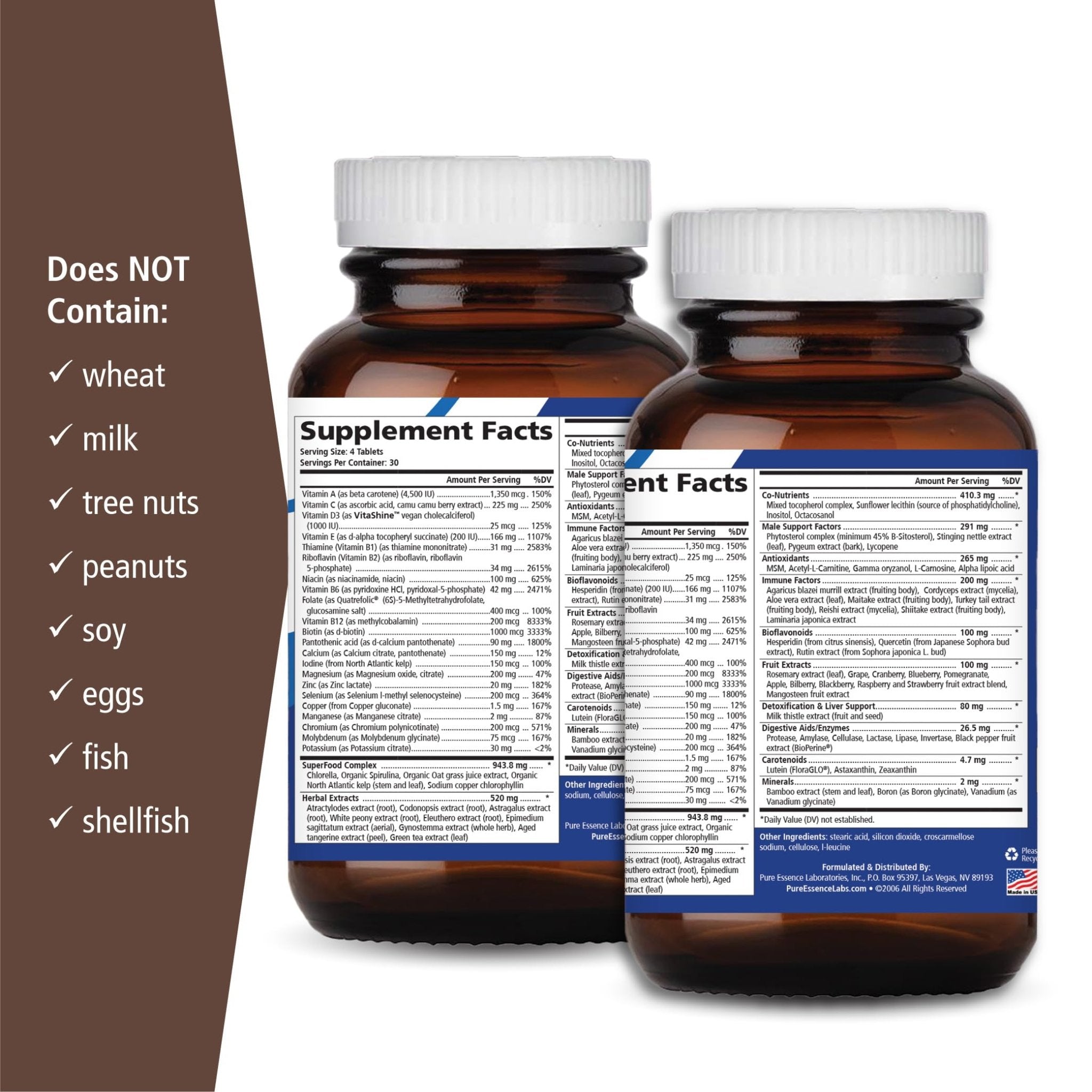 PURE ESSENCE LABS Longevity Multivitamin for Men Over 40 - Super Energetic with Superfoods, Minerals, Enzymes, Vitamin D3, B12, Biotin - 120 Tablets - TrustMedUSA