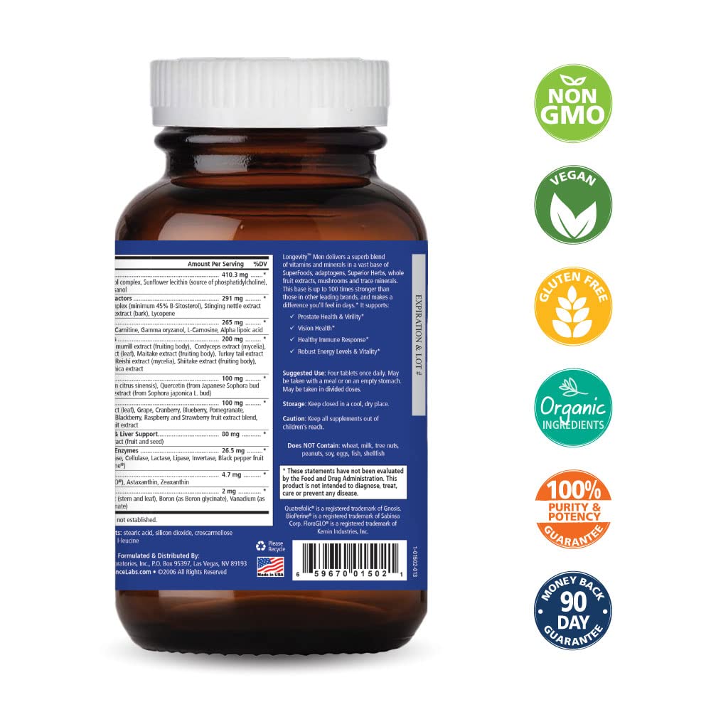 PURE ESSENCE LABS Longevity Multivitamin for Men Over 40 - Super Energetic with Superfoods, Minerals, Enzymes, Vitamin D3, B12, Biotin - 120 Tablets - TrustMedUSA