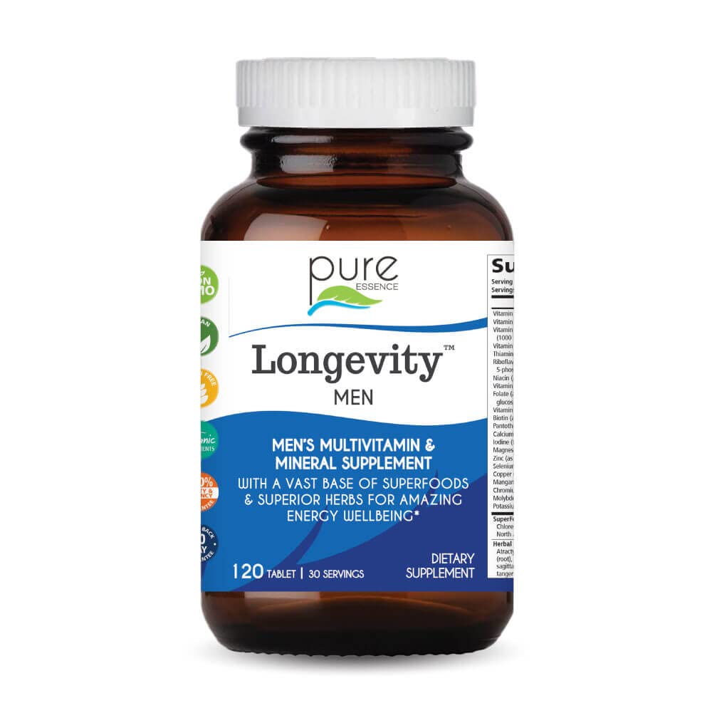 PURE ESSENCE LABS Longevity Multivitamin for Men Over 40 - Super Energetic with Superfoods, Minerals, Enzymes, Vitamin D3, B12, Biotin - 120 Tablets - TrustMedUSA