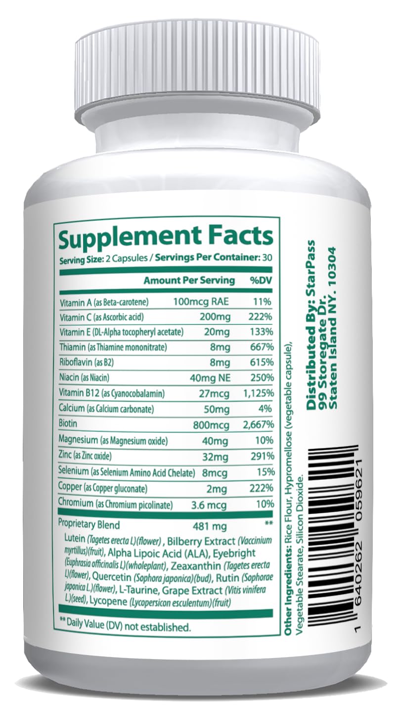 Pure Eye Health Vitamin & Mineral Supplements for Adults | 1 Complete Research Vision Formula w/Bilberry, Lutein, Zeaxanthin, Lycopene, Resveratrol | Supports Eye Strain, Dry Eyes 60 Capsules - TrustMedUSA