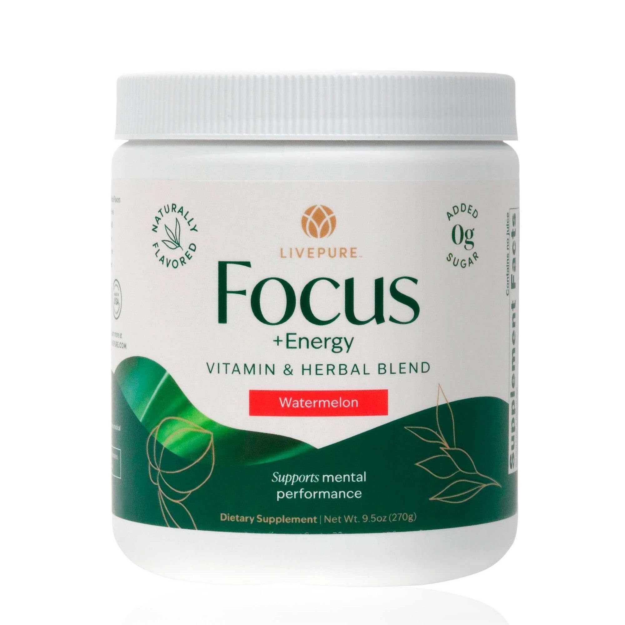 PURE Focus + Energy Tub Drink Mix | Natural Caffeine & Antioxidants from Botanicals | Supports Alertness, Clarity & Energy | Zero Sugar, No Artificial Sweeteners | 9.5 oz | Watermelon Flavor - TrustMedUSA