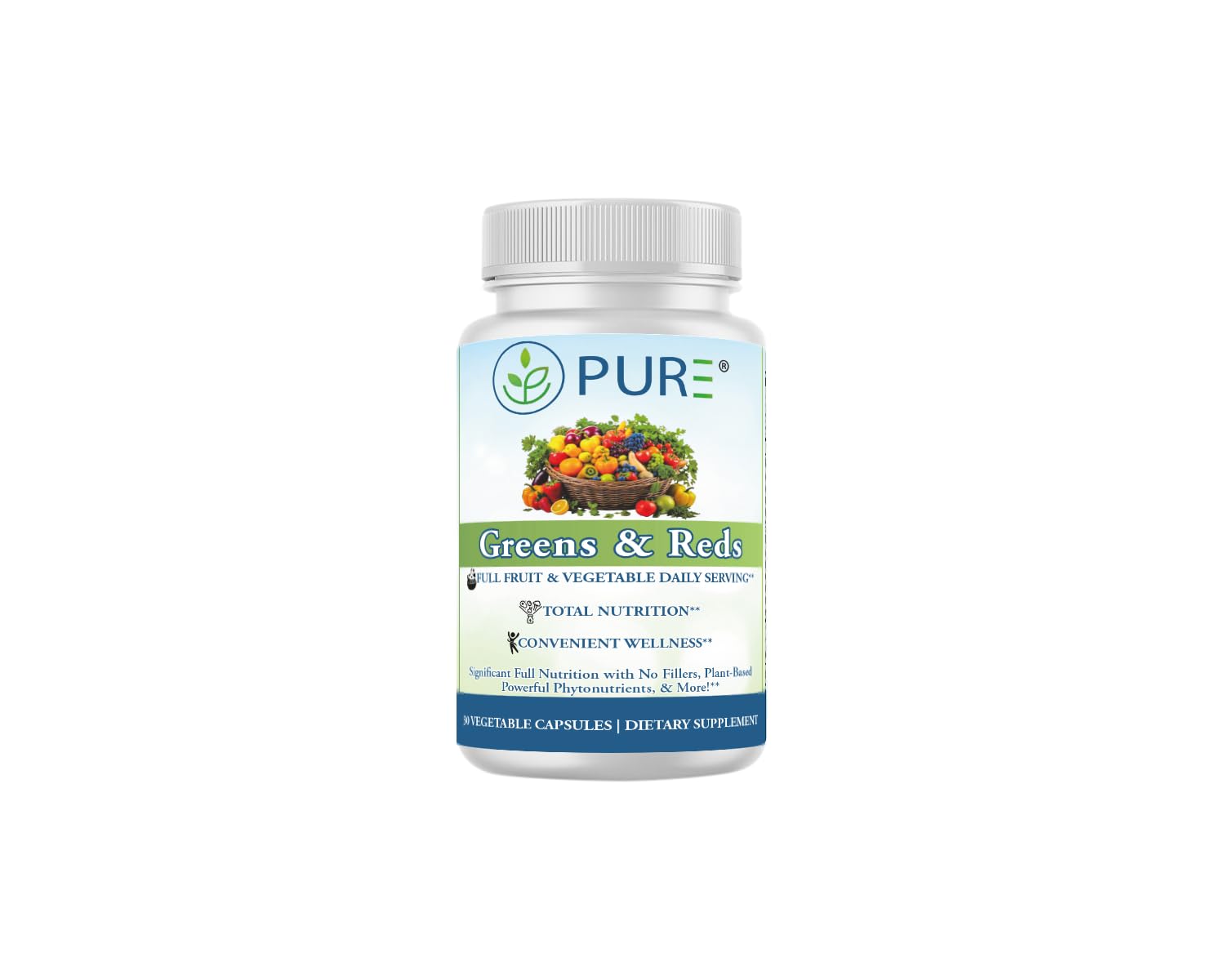 PURE® Greens & Reds Capsules - 30 Servings - 9 Daily Servings of Fruits & Vegetables in 1 Capsule - PhytoServ® Superfood Blend with Broccoli, Kale & Berries - Plant-Based Phytonutrient Shield - TrustMedUSA