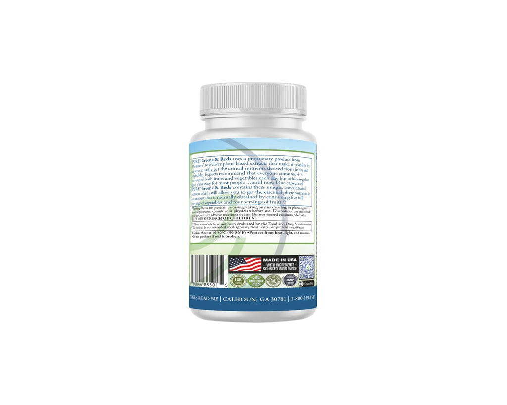 PURE® Greens & Reds Capsules - 30 Servings - 9 Daily Servings of Fruits & Vegetables in 1 Capsule - PhytoServ® Superfood Blend with Broccoli, Kale & Berries - Plant-Based Phytonutrient Shield - TrustMedUSA