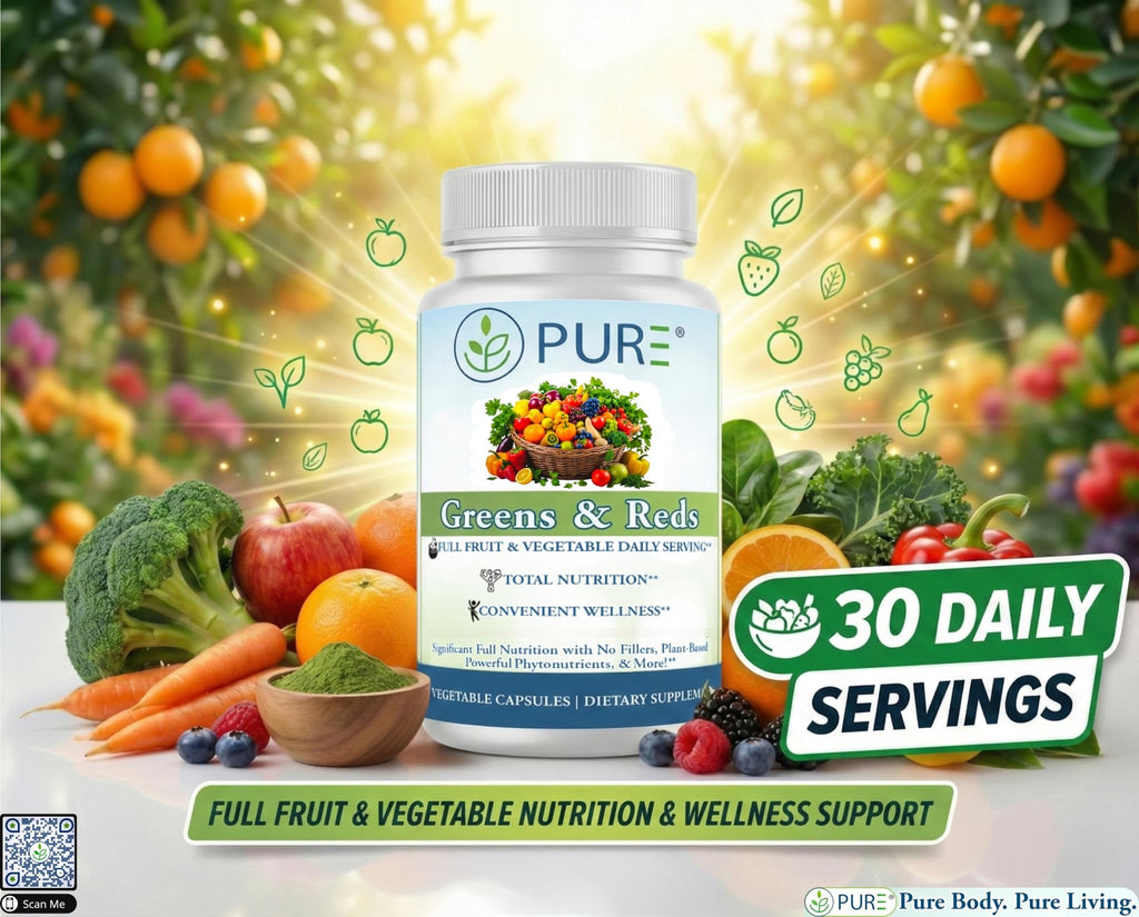 PURE® Greens & Reds Capsules - 30 Servings - 9 Daily Servings of Fruits & Vegetables in 1 Capsule - PhytoServ® Superfood Blend with Broccoli, Kale & Berries - Plant-Based Phytonutrient Shield - TrustMedUSA
