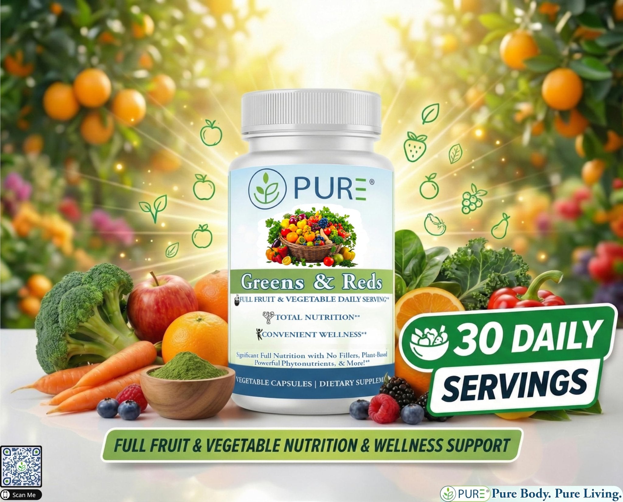 PURE® Greens & Reds Capsules - 30 Servings - 9 Daily Servings of Fruits & Vegetables in 1 Capsule - PhytoServ® Superfood Blend with Broccoli, Kale & Berries - Plant-Based Phytonutrient Shield - TrustMedUSA