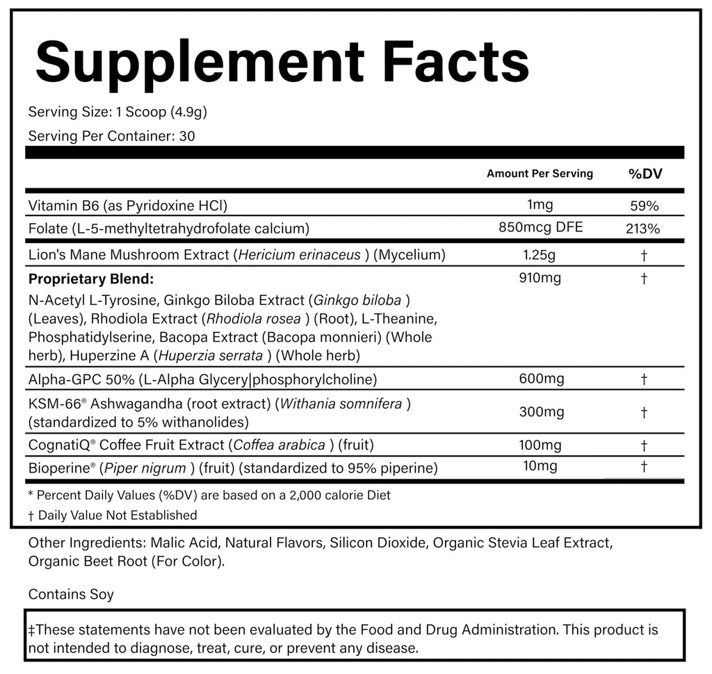 PURE® Healthy Brain Nootropic Powder - 30 Servings - 1.25g Lion’s Mane, 600mg Alpha-GPC & KSM-66® Ashwagandha - Cognitive Support for Memory, Focus & Stress Relief - 147 Grams, Strawberry Flavor! - TrustMedUSA