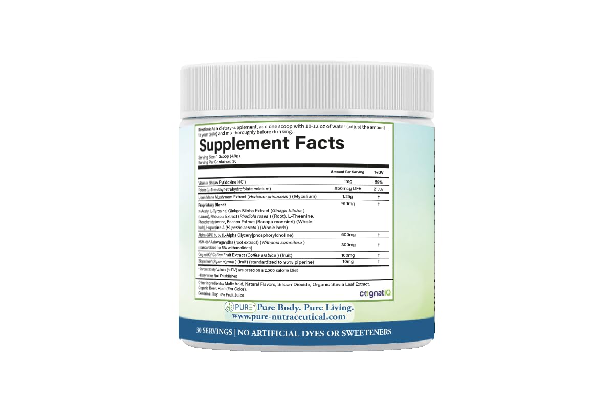 PURE® Healthy Brain Nootropic Powder - 30 Servings - 1.25g Lion’s Mane, 600mg Alpha-GPC & KSM-66® Ashwagandha - Cognitive Support for Memory, Focus & Stress Relief - 147 Grams, Strawberry Flavor! - TrustMedUSA