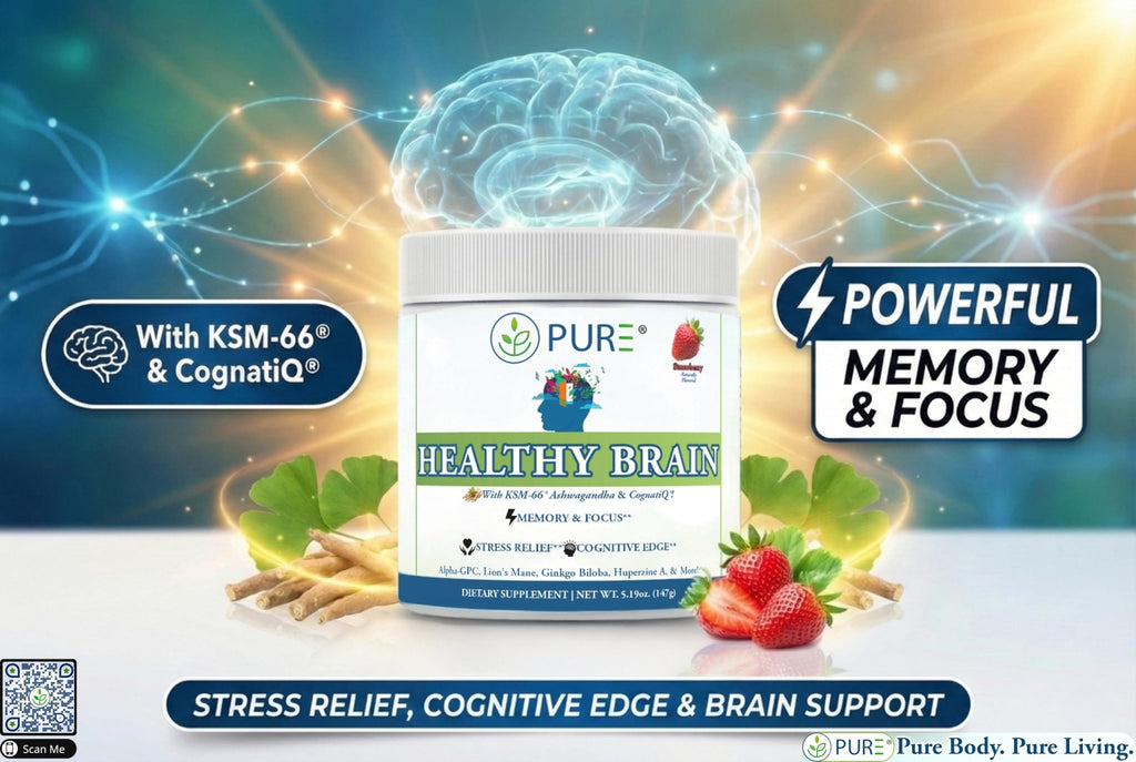 PURE® Healthy Brain Nootropic Powder - 30 Servings - 1.25g Lion’s Mane, 600mg Alpha-GPC & KSM-66® Ashwagandha - Cognitive Support for Memory, Focus & Stress Relief - 147 Grams, Strawberry Flavor! - TrustMedUSA