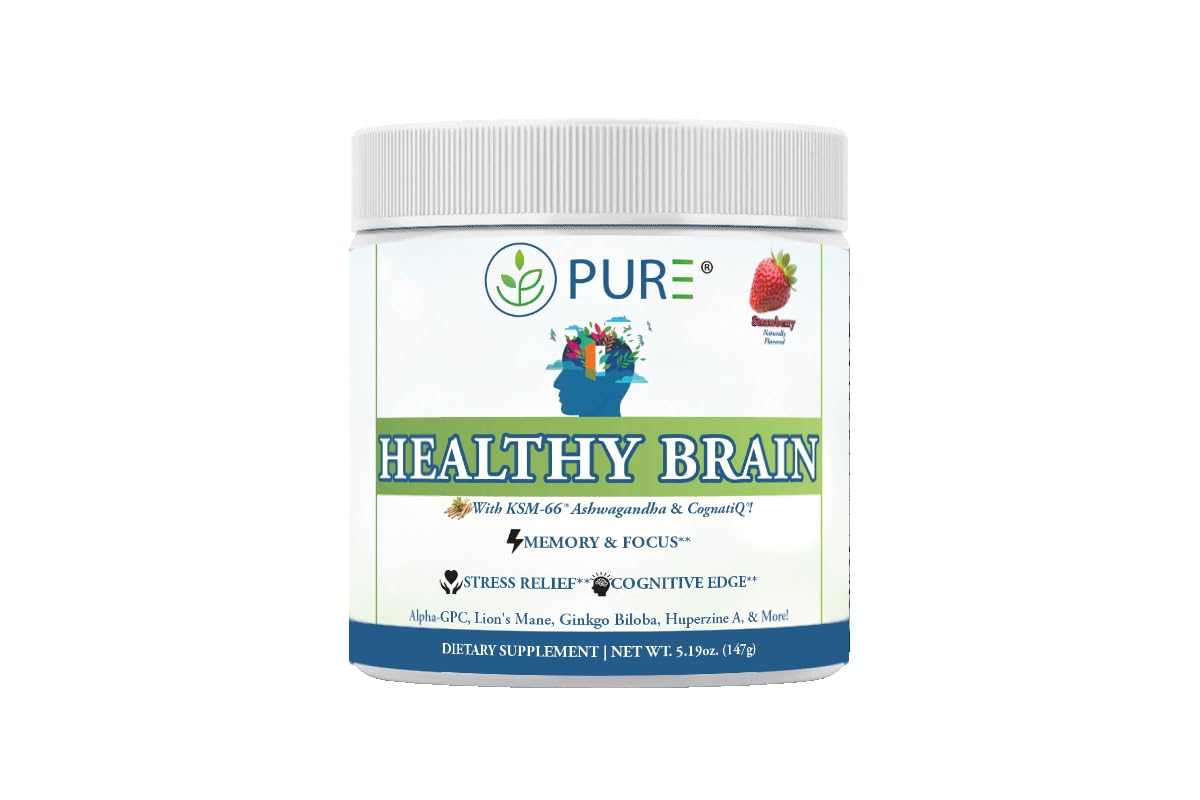 PURE® Healthy Brain Nootropic Powder - 30 Servings - 1.25g Lion’s Mane, 600mg Alpha-GPC & KSM-66® Ashwagandha - Cognitive Support for Memory, Focus & Stress Relief - 147 Grams, Strawberry Flavor! - TrustMedUSA