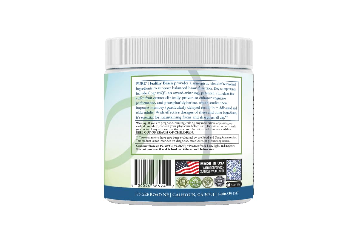 PURE® Healthy Brain Nootropic Powder - 30 Servings - 1.25g Lion’s Mane, 600mg Alpha-GPC & KSM-66® Ashwagandha - Cognitive Support for Memory, Focus & Stress Relief - 147 Grams, Strawberry Flavor! - TrustMedUSA