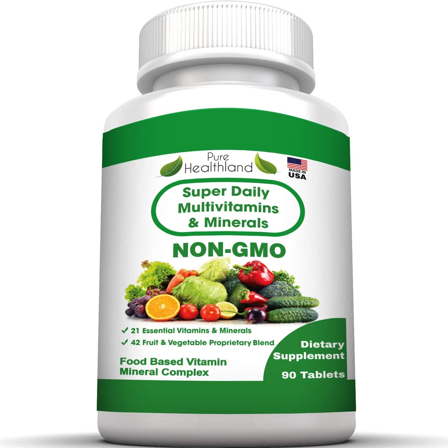Pure Heathland Non-GMO Super Daily Multivitamin for Adults – 42 Natural Fruits & Vegetables Blend with 21 Essential Vitamins & Minerals – Vegan Coating Tablets, 90 Count, Made in USA - TrustMedUSA