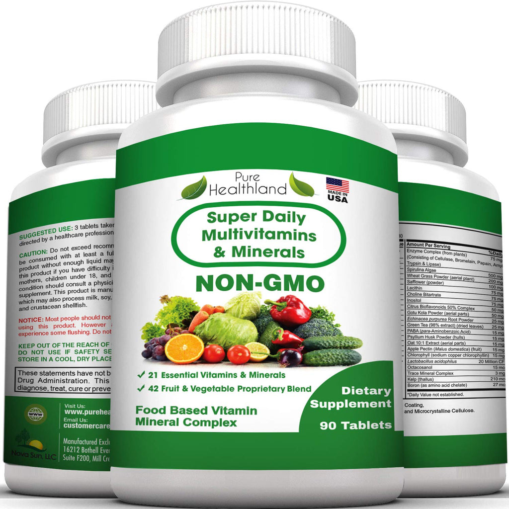Pure Heathland Non-GMO Super Daily Multivitamin for Adults – 42 Natural Fruits & Vegetables Blend with 21 Essential Vitamins & Minerals – Vegan Coating Tablets, 90 Count, Made in USA - TrustMedUSA