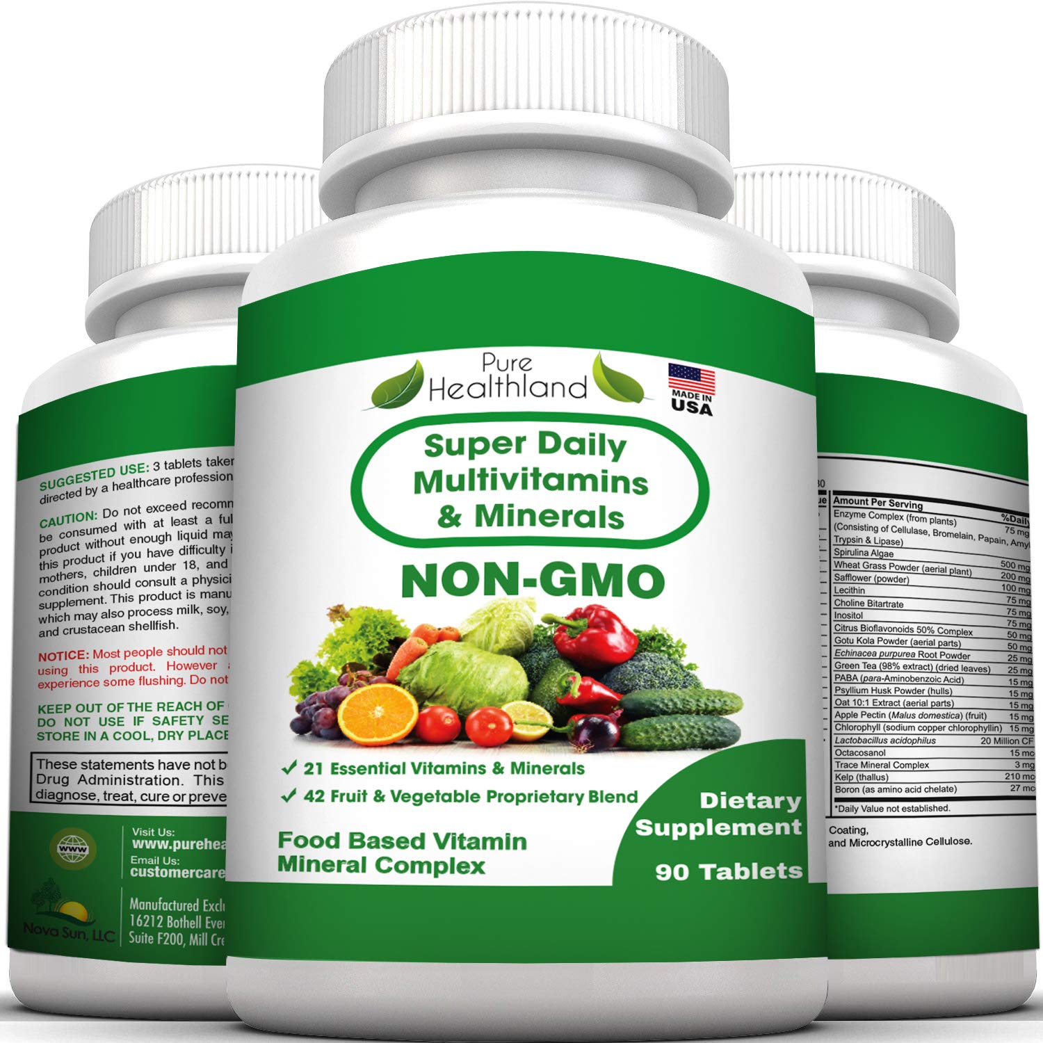 Pure Heathland Non-GMO Super Daily Multivitamin for Adults – 42 Natural Fruits & Vegetables Blend with 21 Essential Vitamins & Minerals – Vegan Coating Tablets, 90 Count, Made in USA - TrustMedUSA
