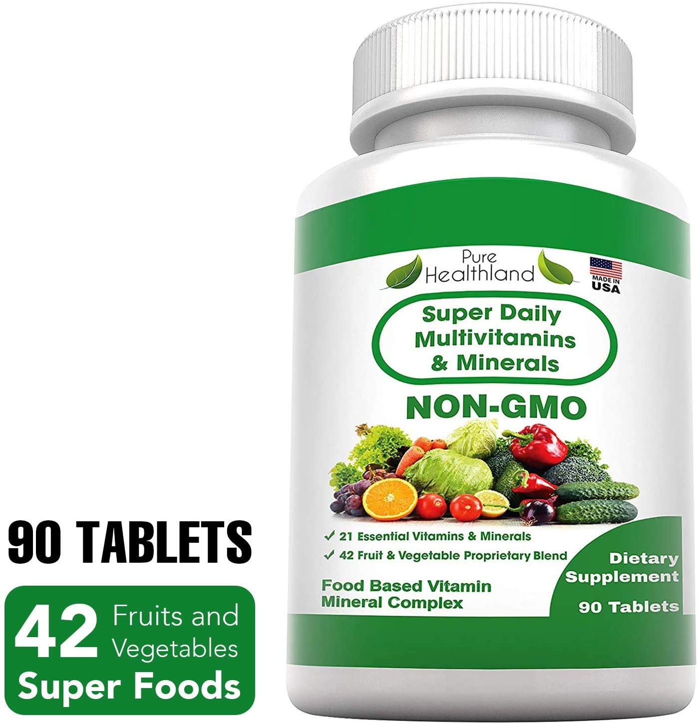 Pure Heathland Non-GMO Super Daily Multivitamin for Adults – 42 Natural Fruits & Vegetables Blend with 21 Essential Vitamins & Minerals – Vegan Coating Tablets, 90 Count, Made in USA - TrustMedUSA