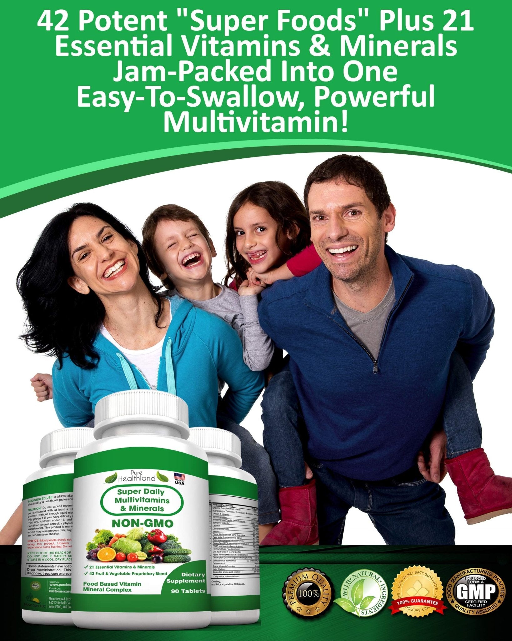 Pure Heathland Non-GMO Super Daily Multivitamin for Adults – 42 Natural Fruits & Vegetables Blend with 21 Essential Vitamins & Minerals – Vegan Coating Tablets, 90 Count, Made in USA - TrustMedUSA