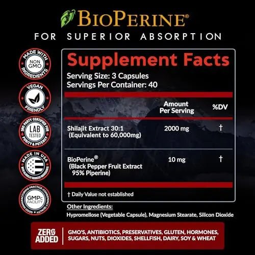 Pure Himalayan Shilajit Capsules Supplement (60,000mg+ Absorption Enhancer+50% - TrustMedUSA