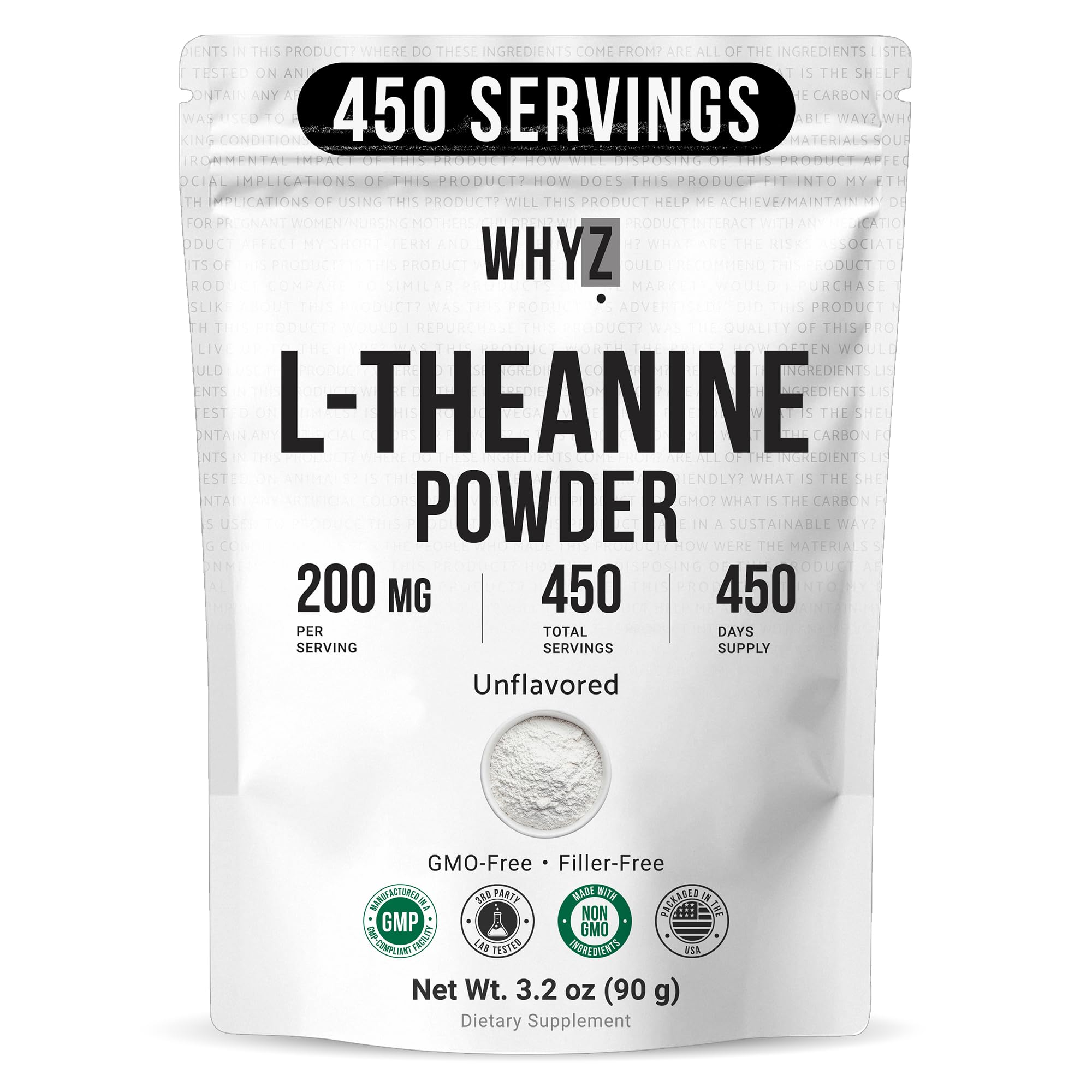Pure L-Theanine Powder Unflavored Amino Acid Supplement Powder from Fine L-Theanine for Smooth Mixing Vegan Friendly Non-GMO No-Additives for Smoothies Drinks and Daily Nutrition Support, 3.2 oz (90g) - TrustMedUSA