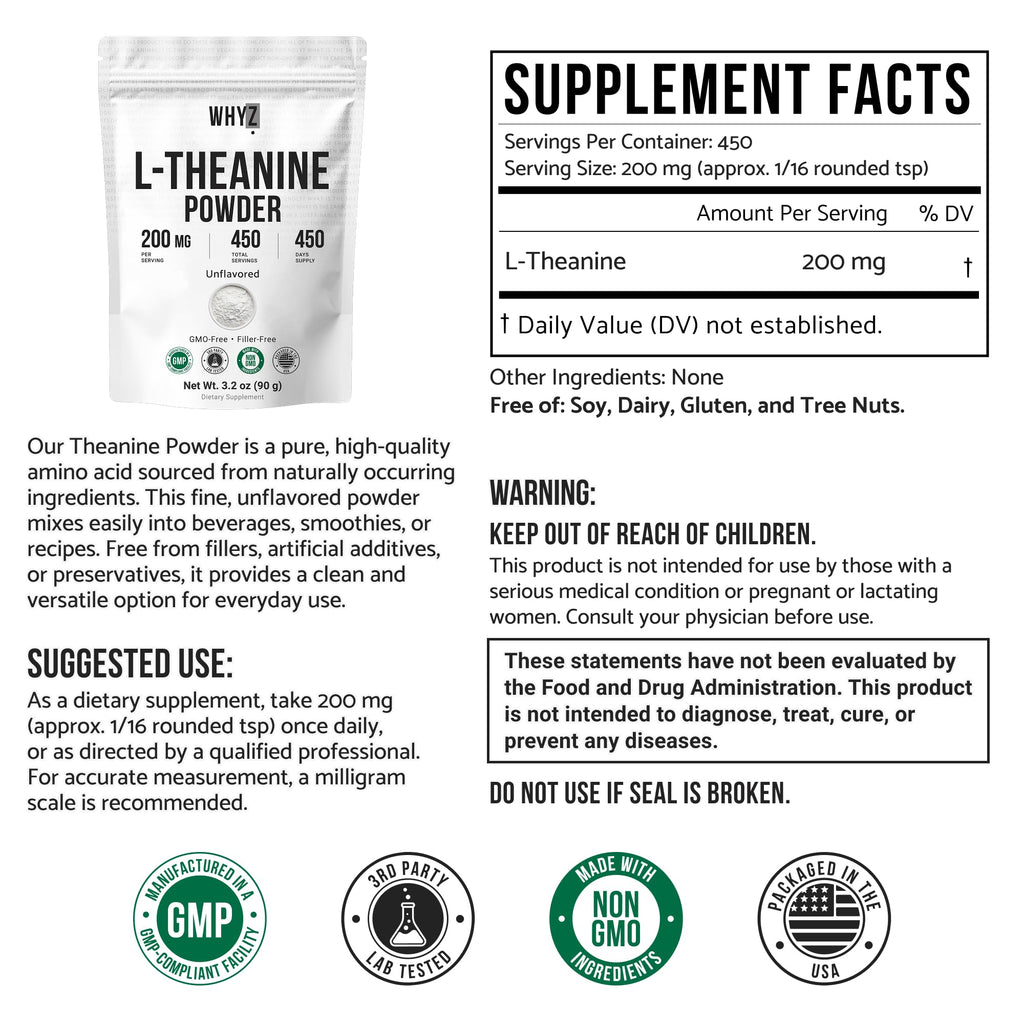 Pure L-Theanine Powder Unflavored Amino Acid Supplement Powder from Fine L-Theanine for Smooth Mixing Vegan Friendly Non-GMO No-Additives for Smoothies Drinks and Daily Nutrition Support, 3.2 oz (90g) - TrustMedUSA