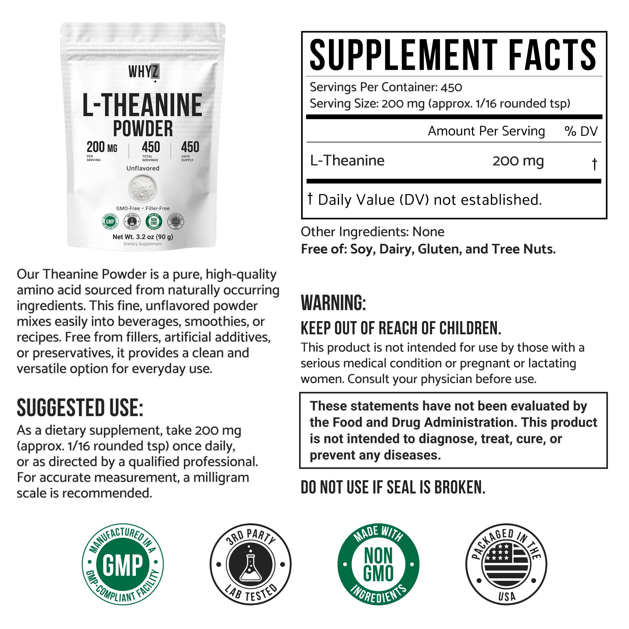 Pure L-Theanine Powder Unflavored Amino Acid Supplement Powder from Fine L-Theanine for Smooth Mixing Vegan Friendly Non-GMO No-Additives for Smoothies Drinks and Daily Nutrition Support, 3.2 oz (90g) - TrustMedUSA