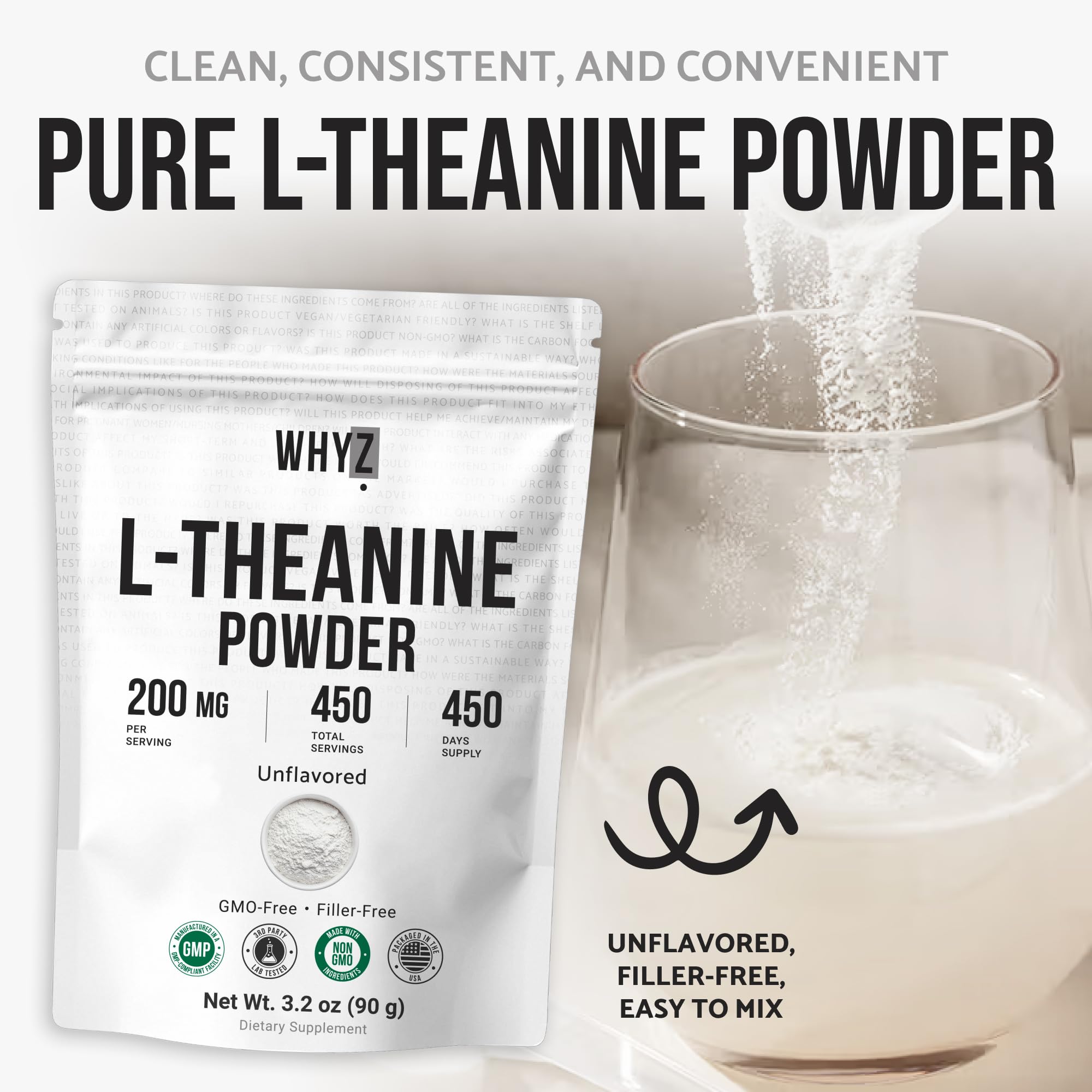 Pure L-Theanine Powder Unflavored Amino Acid Supplement Powder from Fine L-Theanine for Smooth Mixing Vegan Friendly Non-GMO No-Additives for Smoothies Drinks and Daily Nutrition Support, 3.2 oz (90g) - TrustMedUSA