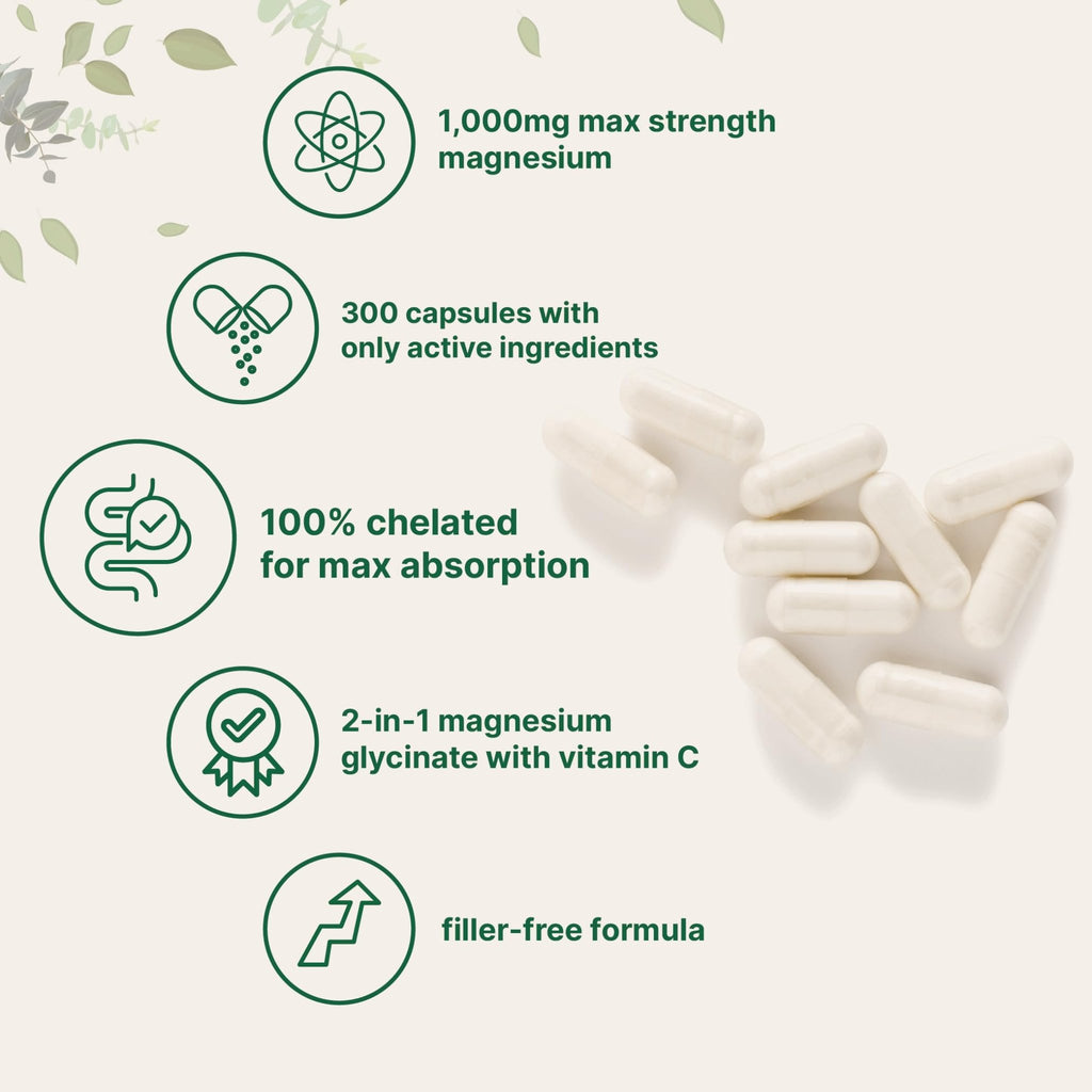 Pure Magnesium Glycinate 1,000mg, 300 Capsules | 100% Chelated for Max Absorption | Enhanced with Vitamin C | Only Uses Active Ingredients - TrustMedUSA
