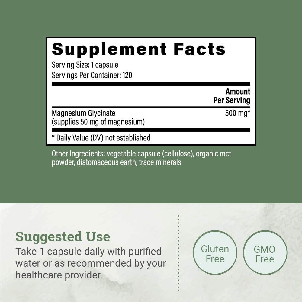 Pure Magnesium Glycinate 500mg - Chelated Magnesium Supplement, High Absorption Capsules for Sleep, Glicinato De Magnesio with Organic MCT Powder (120 Capsules) - TrustMedUSA