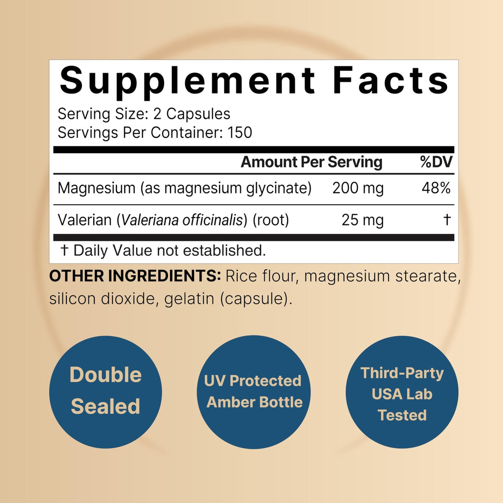 Pure Magnesium Glycinate for Sleep, 200mg with Valerian Root, 300 Capsules | 100% Chelated & Purified Mineral Supplement – Ultra High Absorption – Non-GMO, Gluten Free - TrustMedUSA