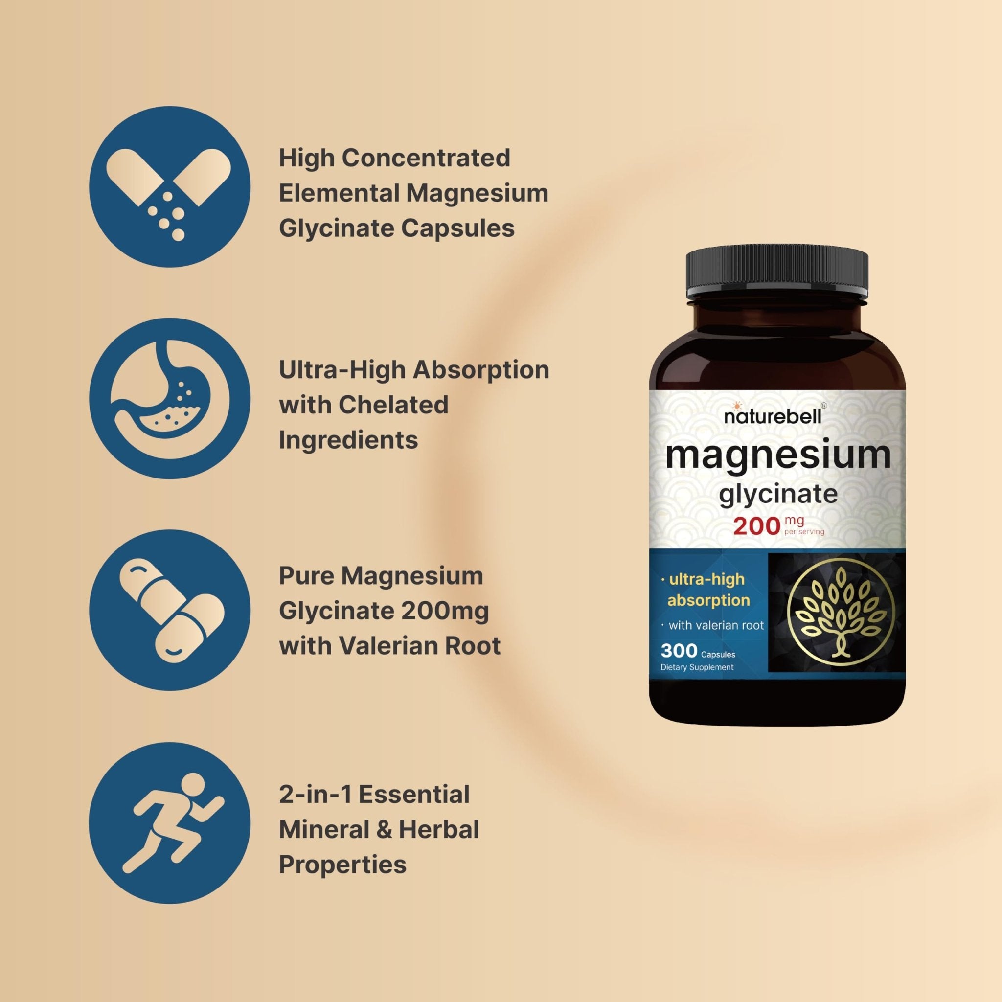 Pure Magnesium Glycinate for Sleep, 200mg with Valerian Root, 300 Capsules | 100% Chelated & Purified Mineral Supplement – Ultra High Absorption – Non-GMO, Gluten Free - TrustMedUSA