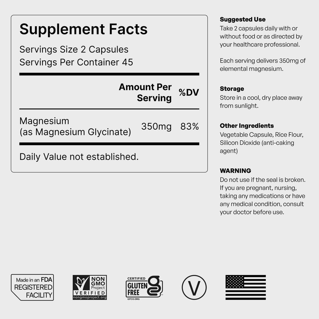Pure Magnesium Glycinate - Magnesium for Sleep, Stress, Muscle & Nerve Support - High-Absorption, Non-GMO, Vegan - 90 Capsules (350mg) - TrustMedUSA