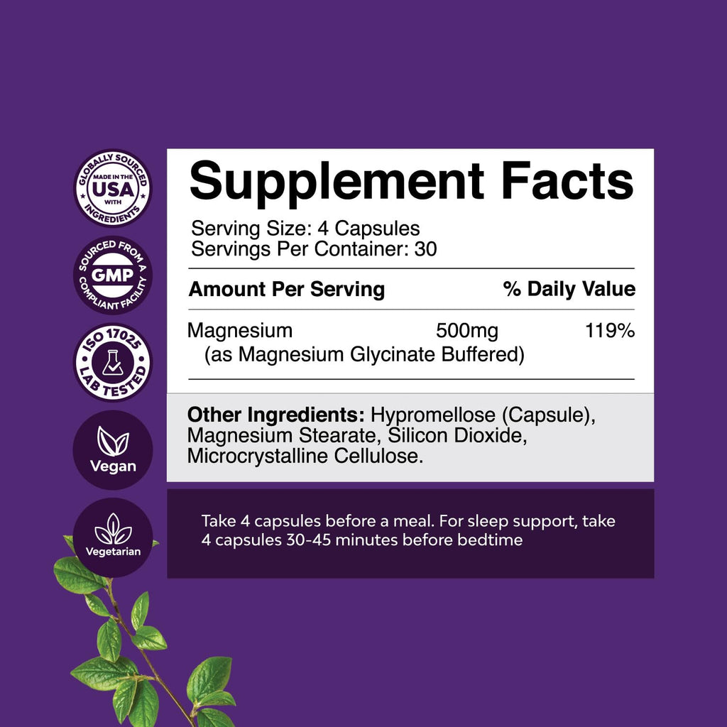 Pure Magnesium Glycinate Supplement 500mg - Magnesium for Sleep and Rest Capsules for Men & Women - Unflavored Vegan High Absorption Pills for Relaxation Support - 120 Count - TrustMedUSA