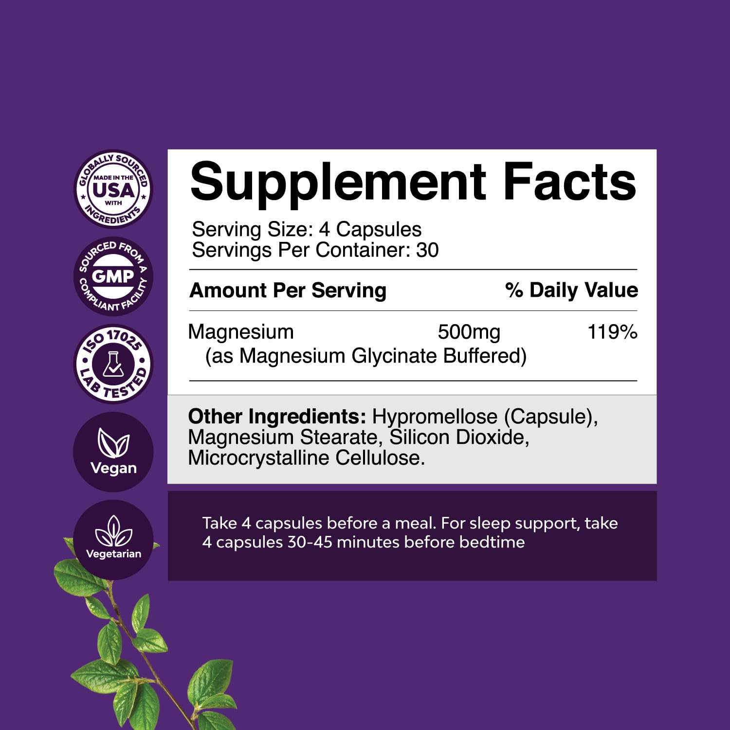 Pure Magnesium Glycinate Supplement 500mg - Magnesium for Sleep and Rest Capsules for Men & Women - Unflavored Vegan High Absorption Pills for Relaxation Support - 120 Count - TrustMedUSA