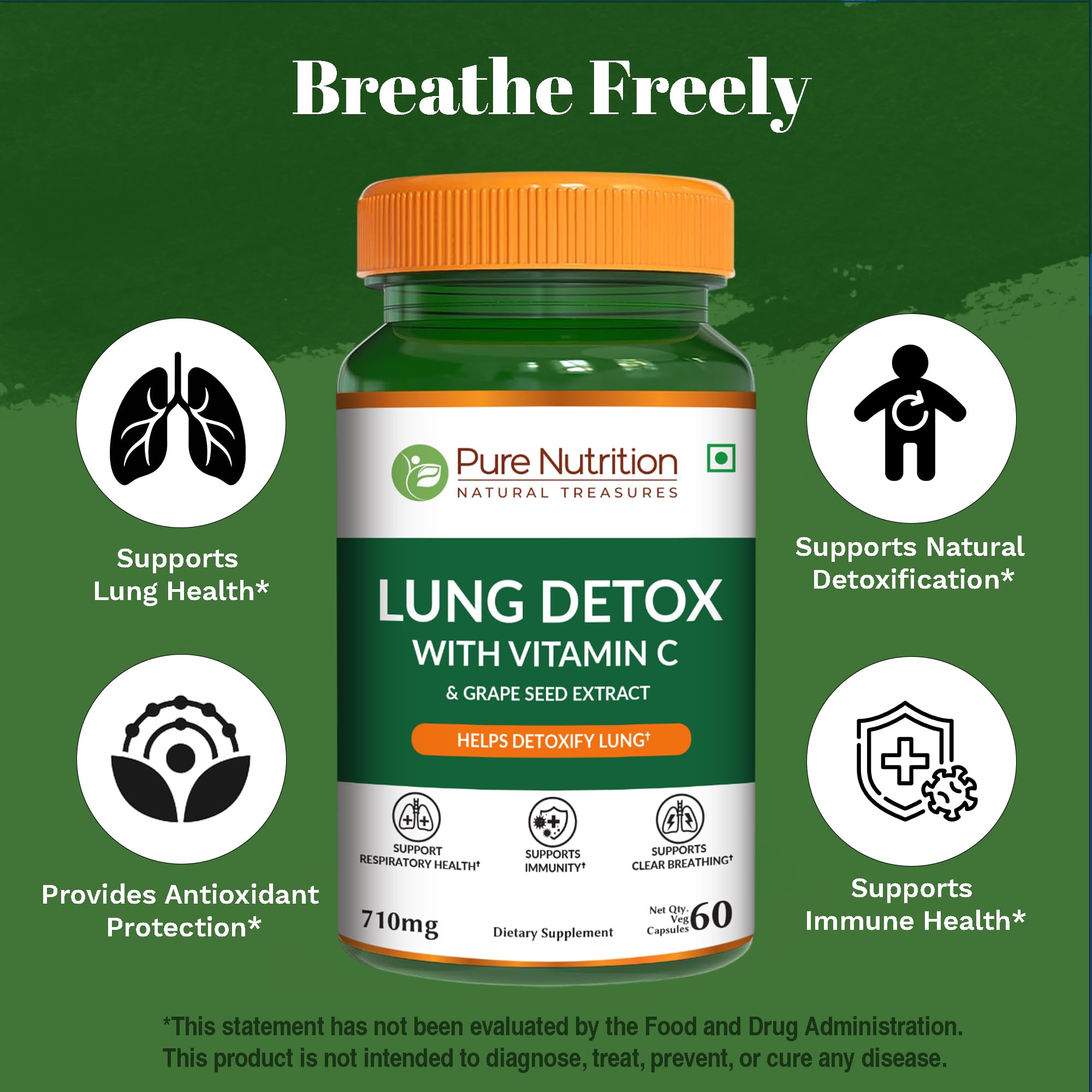 Pure Nutrition Lung Health Supplement | 60 Caps | Herbal Lung Support Formula with Quercetin, Vitamin C, Nettle, Vasaka Leaf, Lotus, Licorice & Ginger. - TrustMedUSA