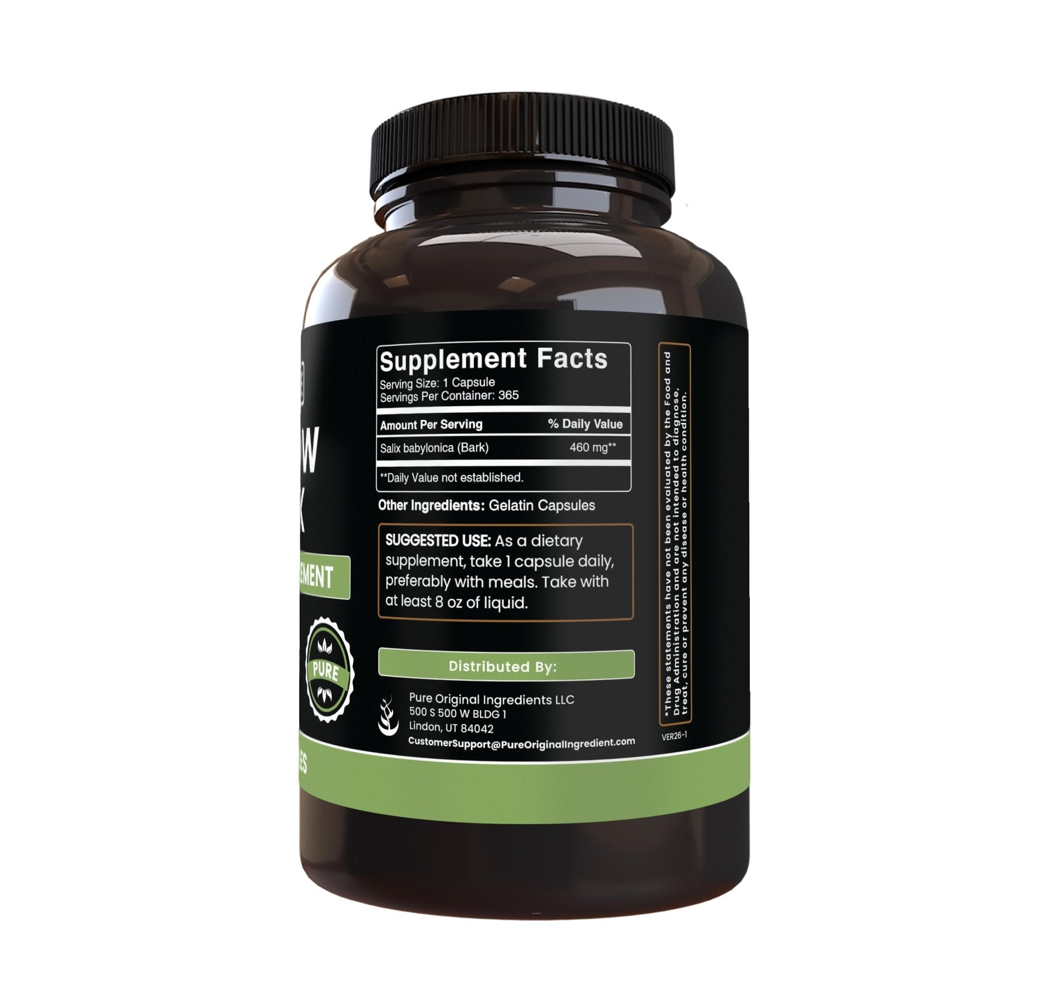 PURE ORIGINAL INGREDIENTS Willow Bark Extract (365 Capsules) No Magnesium Or Rice Fillers, Always Pure, Lab Verified - TrustMedUSA