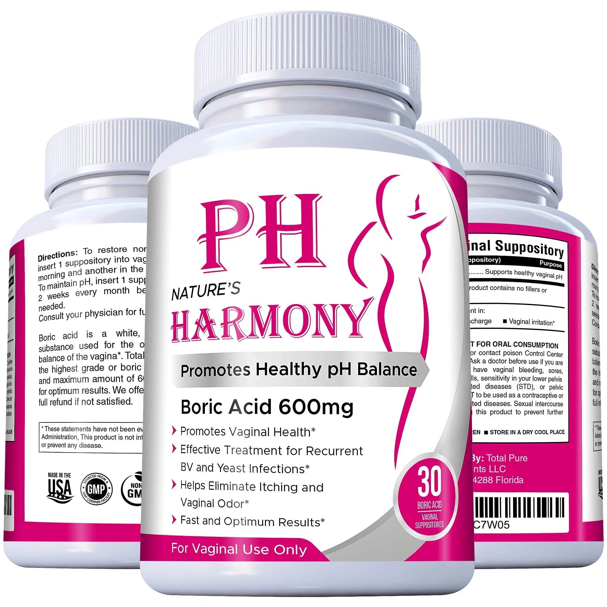 PURE PLANT HOME Boric Acid Suppositories Nature's Harmony 30 Count 600 mg 100% Pure Made in USA - TrustMedUSA