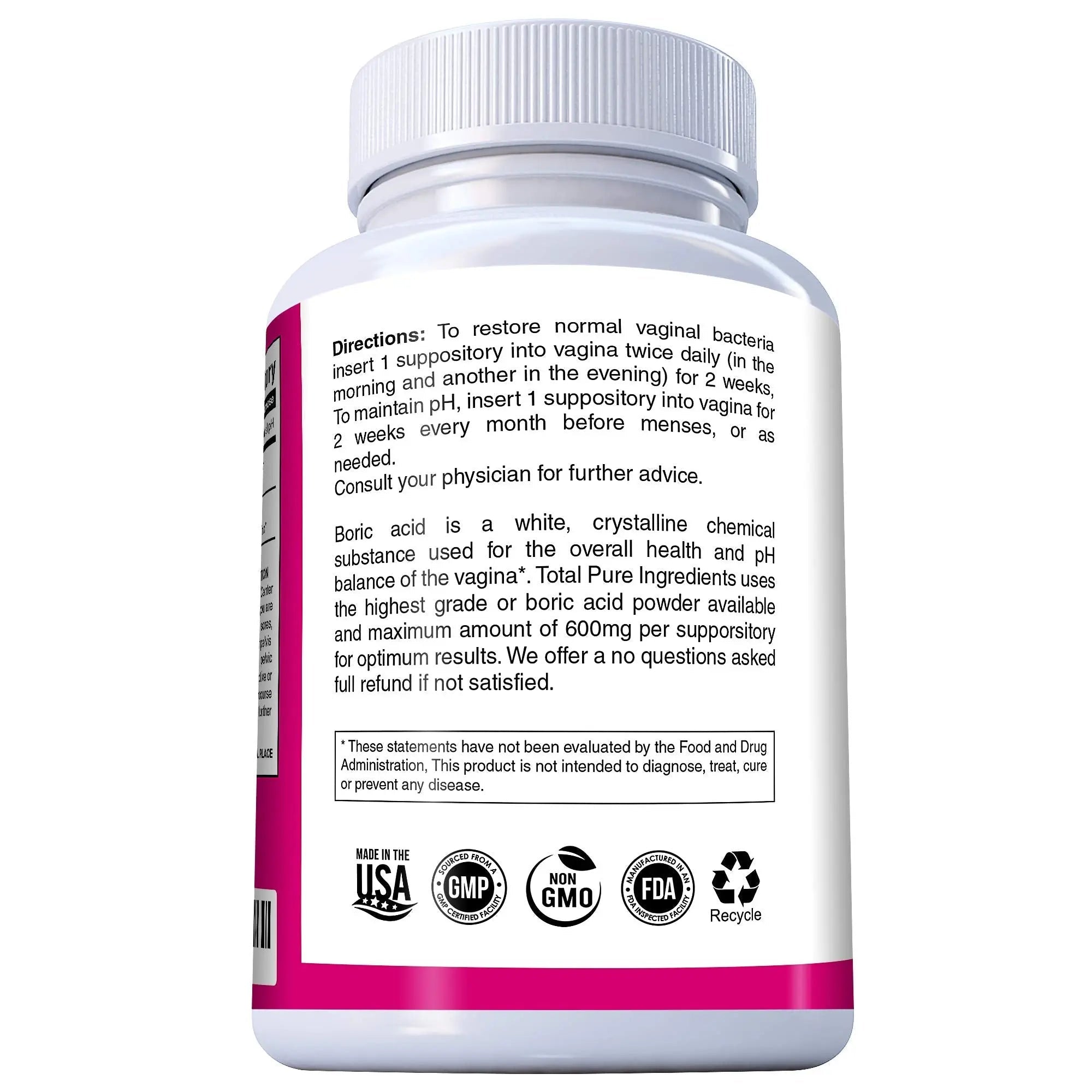 PURE PLANT HOME Boric Acid Suppositories Nature's Harmony 30 Count 600 mg 100% Pure Made in USA - TrustMedUSA