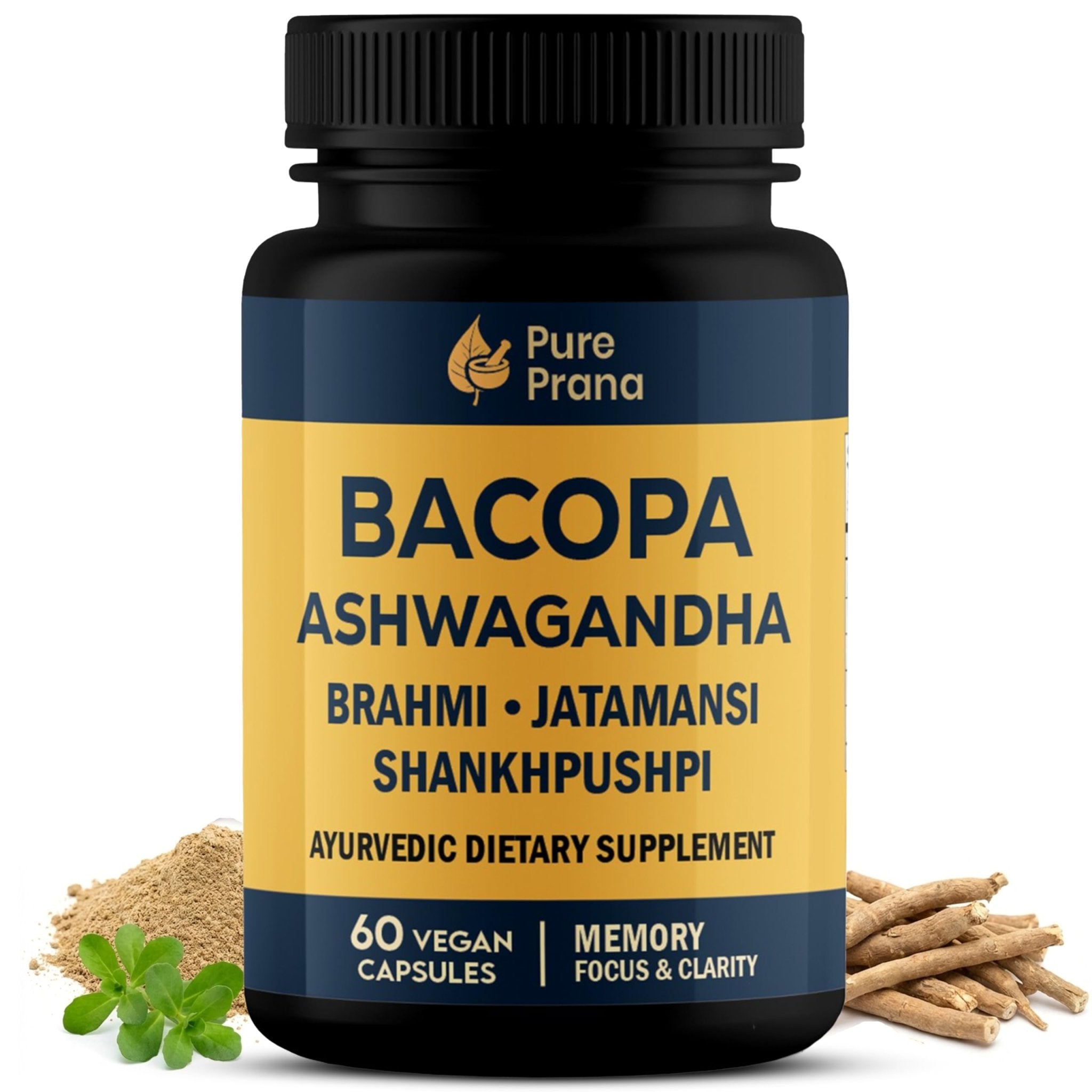 Pure Prana Ayurvedic Brain Supplement Capsules with Brahmi, Ashwagandha & Gotu Kola - Plant-Based Nootropic Cognitive Wellness Formula for Daily Focus - Vegan Clarity for Men Women - 60 Capsules - TrustMedUSA