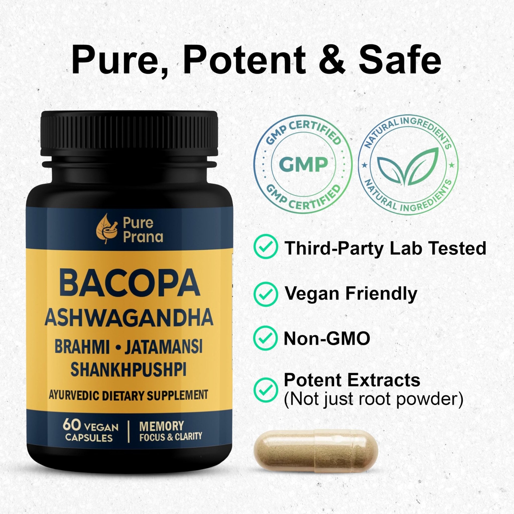Pure Prana Ayurvedic Brain Supplement Capsules with Brahmi, Ashwagandha & Gotu Kola - Plant-Based Nootropic Cognitive Wellness Formula for Daily Focus - Vegan Clarity for Men Women - 60 Capsules - TrustMedUSA