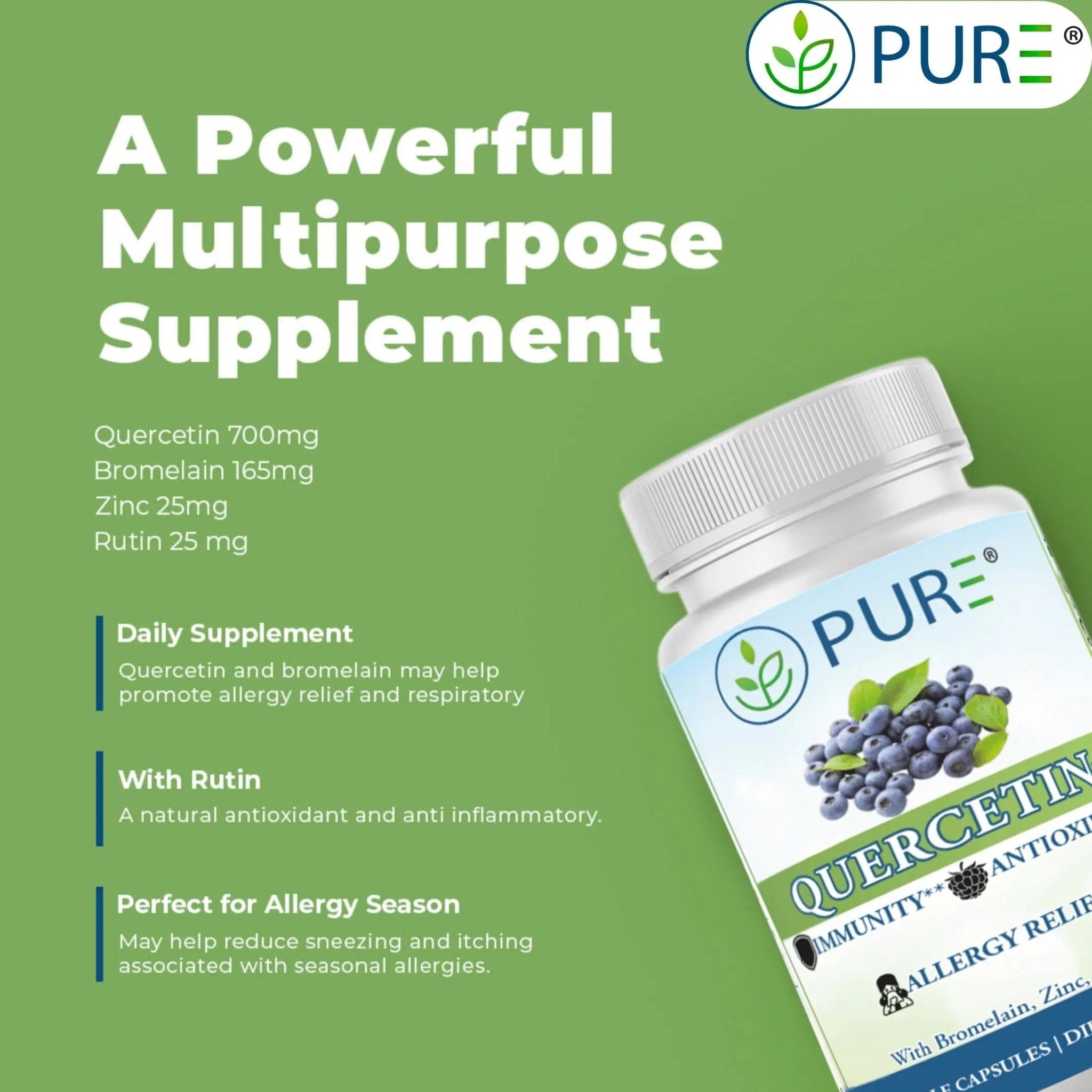 PURE® Quercetin+ with Zinc, Bromelain, Rutin Immune Shield - 60 Capsules - High Bioavailability Antioxidant Complex for Respiratory Health & Viral Defense - Made in USA - TrustMedUSA