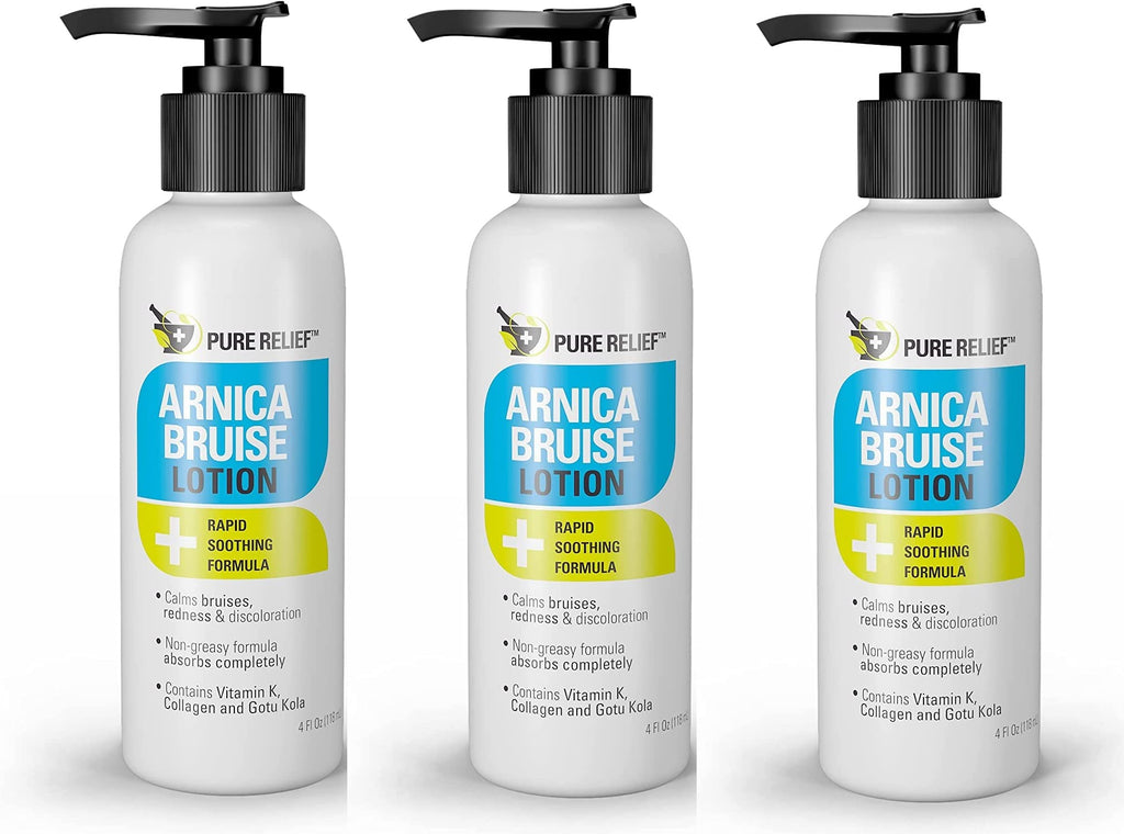 Pure Relief Arnica Bruise Relief Lotion for Bruising, Swelling, & Discoloration On Skin, Natural Skin Care Arnica Bruise Homeopathic Topical Bruise Cream W/Aloe Vera & Collagen, 4 Fl Oz (Pack of 3) - TrustMedUSA