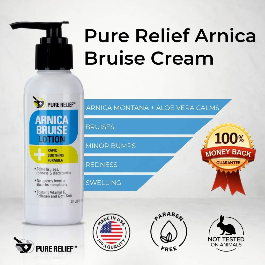 Pure Relief Arnica Bruise Relief Lotion for Bruising, Swelling, & Discoloration On Skin, Natural Skin Care Arnica Bruise Homeopathic Topical Bruise Cream W/Aloe Vera & Collagen, 4 Fl Oz (Pack of 3) - TrustMedUSA
