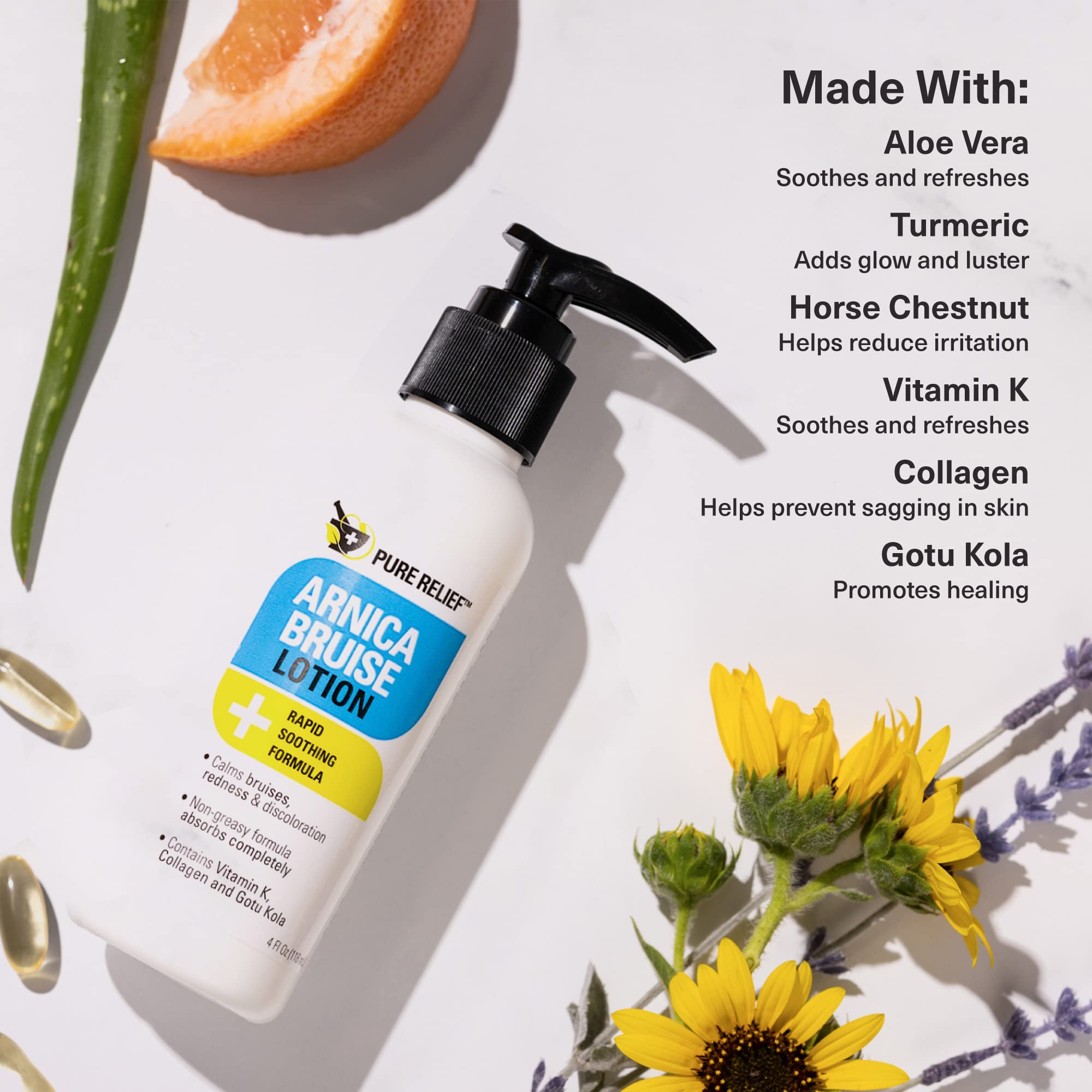 Pure Relief Arnica Bruise Relief Lotion for Bruising, Swelling, & Discoloration On Skin, Natural Skin Care Arnica Bruise Homeopathic Topical Bruise Cream W/Aloe Vera & Collagen, 4 Fl Oz (Pack of 3) - TrustMedUSA